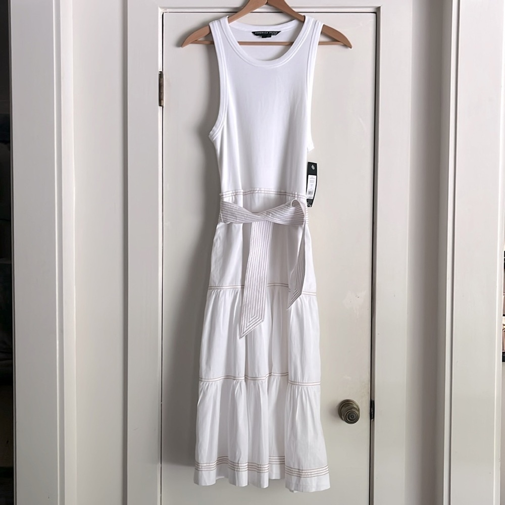 NWT Veronica Beard Austyn White Tiered Belted Midi Dress L - Picture 4 of 12